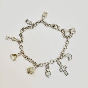 Sterling Silver 925 Charm Bracelet Lock Key Heart Theme Size 8.25" Length